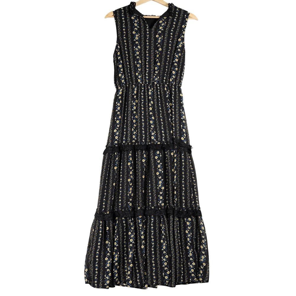 Moon River Black Floral Stripe Tiered Maxi Dress Lace Trim MR3355 Womens XS
